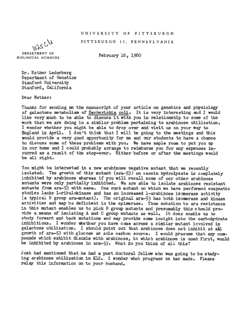 d0067 EllisEngelsberg to EML (ara-53 arabinose mutants A B C independent of galactose mutants) 2-16-60 p1 59-61